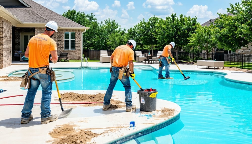 Equipo profesional de EV General Services LLC trabajando en la remodelación de una piscina en Austin, Texas